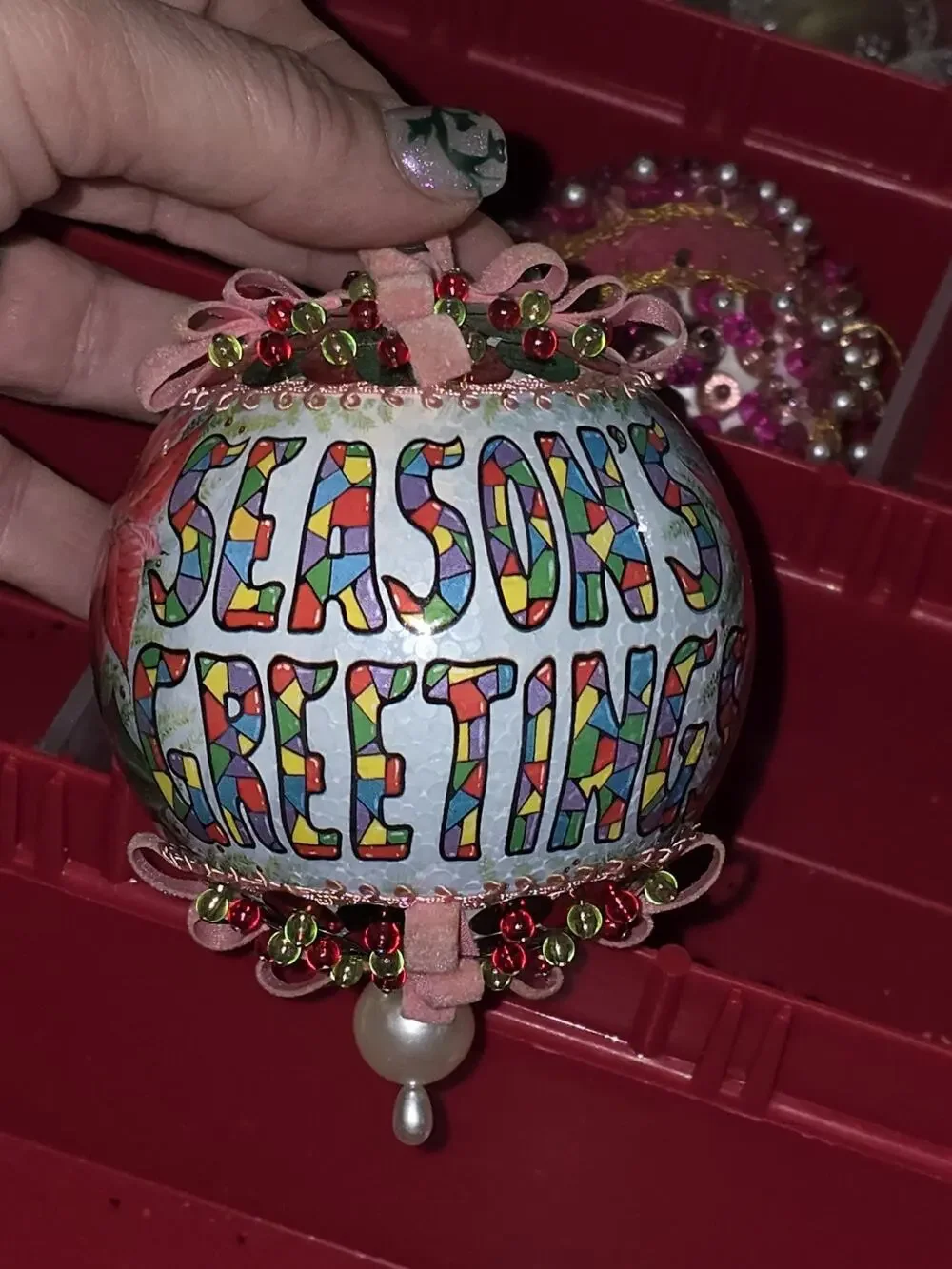 Vintage Large Sequin Beaded Ornament Season Greetings Colorful Pink